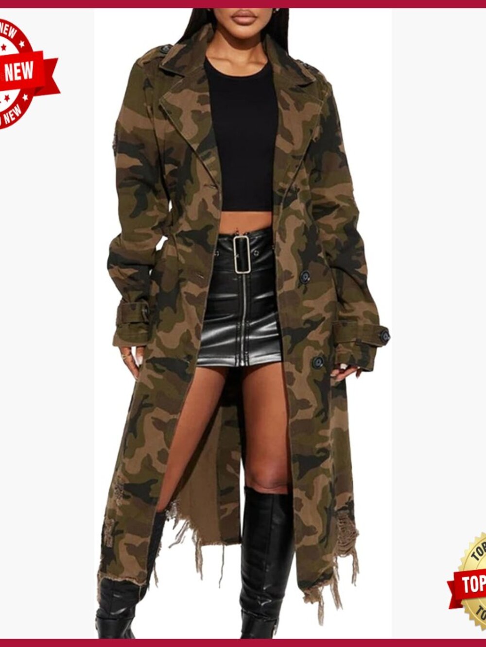 Long Trench Coat with Belt Notched Lapel Distressed Tassel Jacket